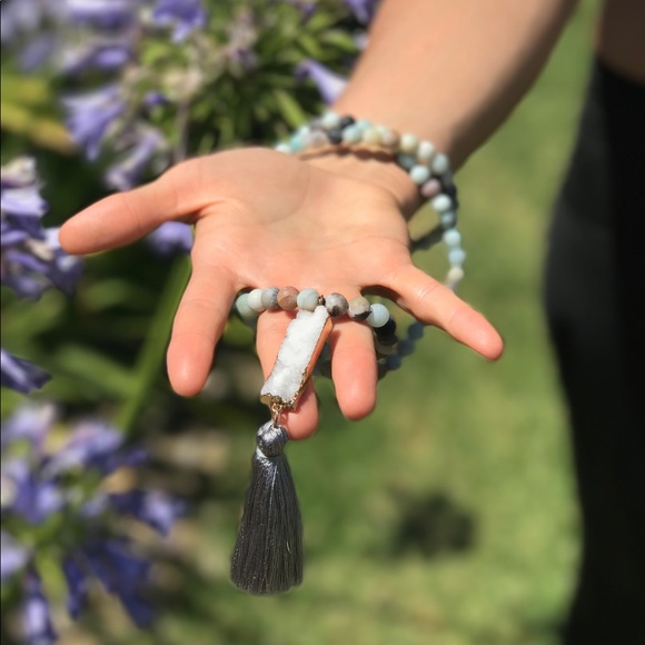 Amazonite & Druzy Bar Mala Bead Necklace w/ Tassel - Picture 7 of 8